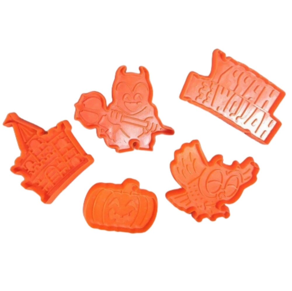 Vintage wilton halloween orange cookie cutters, imprint plastic‎ 5pc set